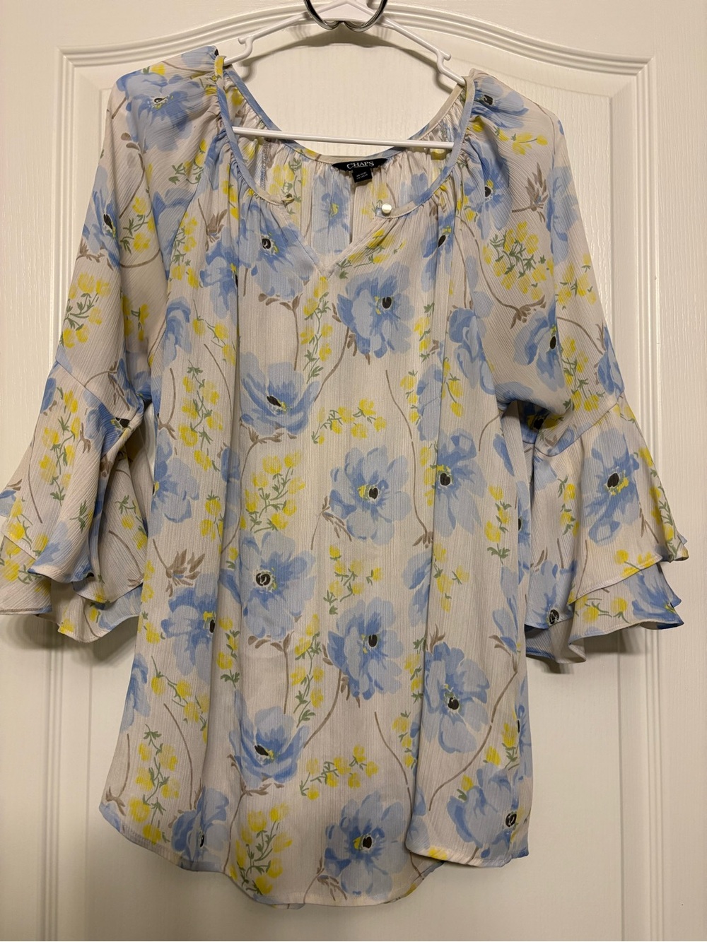 Chaps Light Blue Floral Ruffled Sleeve Blouse - Picture 2 of 10